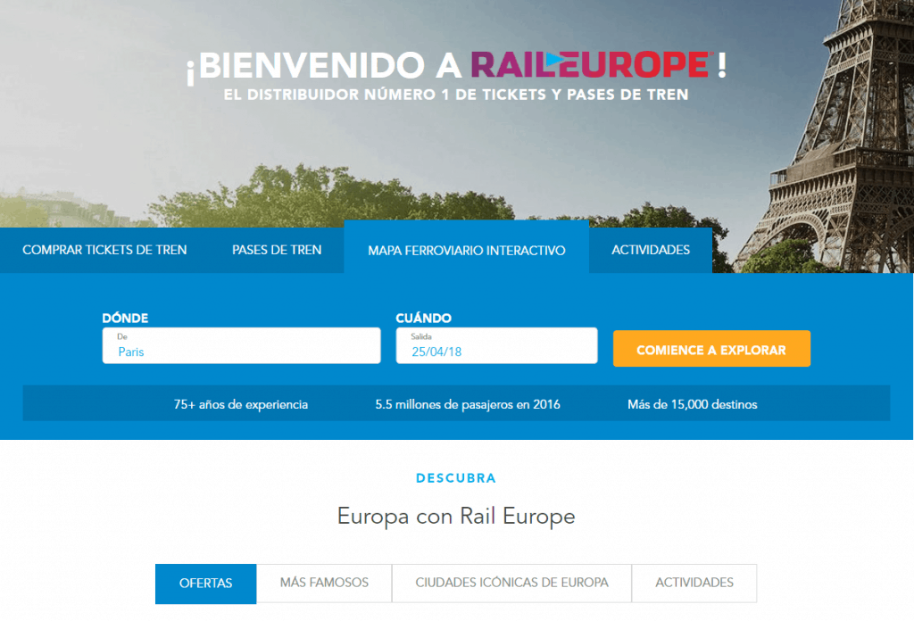 Página de inicio Rail Europe en español ok