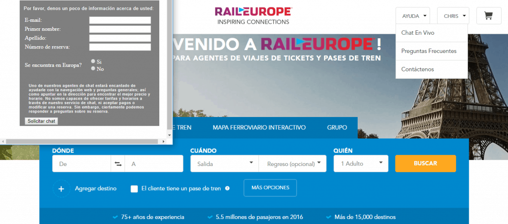 Servicio de chat de Rail Europe en español ok