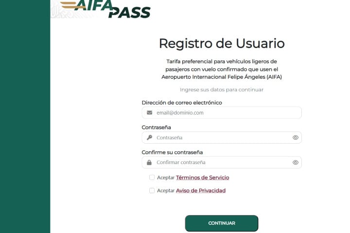 2. Pantalla de registro del AIFA PASS. Foto - aifapass.com