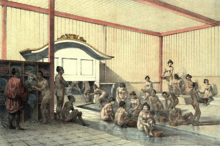 2. Litografía a color de baño público en Simoda, Japón, 1850. Foto - OLD PHOTOS of JAPAN