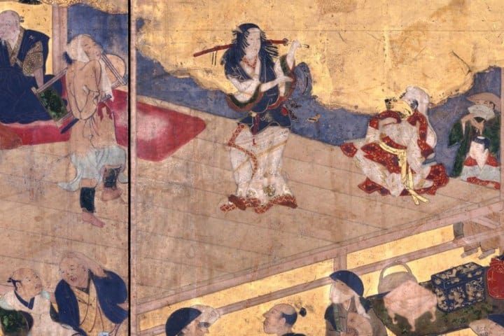 2. Ilustración de Kabuki de Izumo no Okuni realizada en un biombo en 1603. Foto - Historias de la Historia