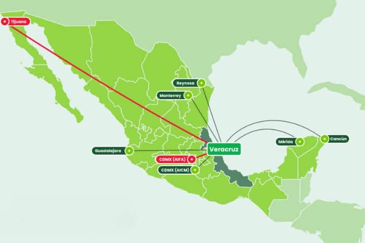 4. Mapa de rutas de Viva desde y hacia Veracruz. Foto - Viva