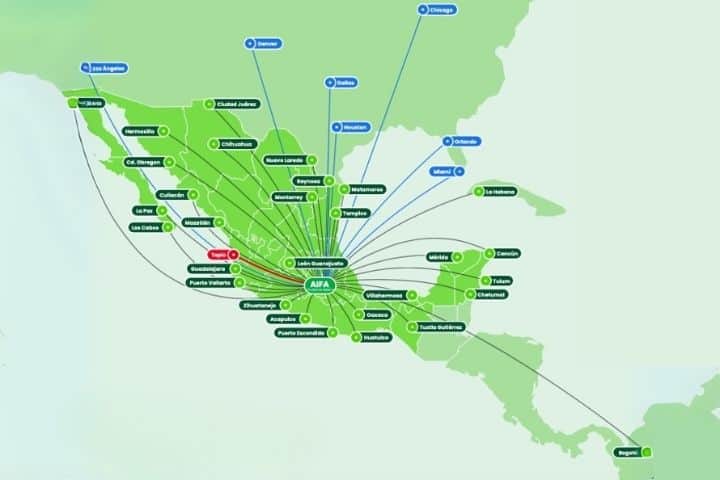 3. Rutas de conexión que ofrecerá el vuelo AIFA-Tepic de Viva. Foto - Archivo Viva