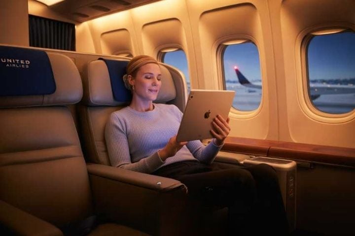 1. Viajera con IPad en avión de UNITED. Foto - travelandtourworld