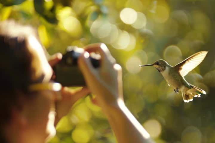8. Fotógrafa capturando colibrí. Foto - Freepik
