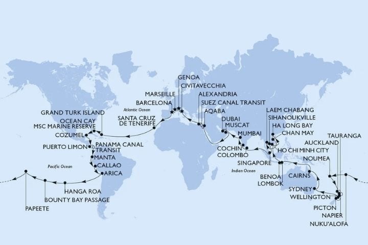 4. Mapa de la ruta de MSC World Cruise 2028. Foto - Archivo MSC Cruises