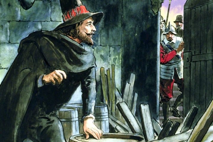 3. Ilustración de Guy Fawkes siendo descubierto. Foto - @undiacomohoyenlahistoria_ (Instagram)
