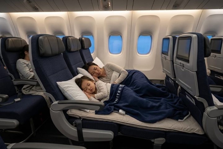 2. Madre e hija en asientos United Relax Row de United Airlines. Foto - The traveler