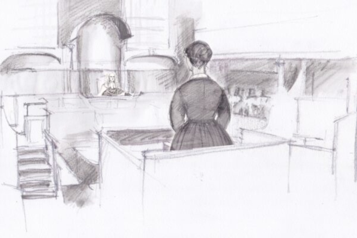 2. Ilustración de mujer en juicio. Foto - Shire Hall Museum