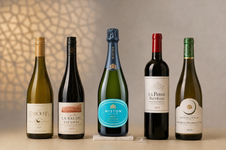 Vino Wiston Estate Brut NV con otros de la oferta de vinos de Emirates. Foto. - Emirates